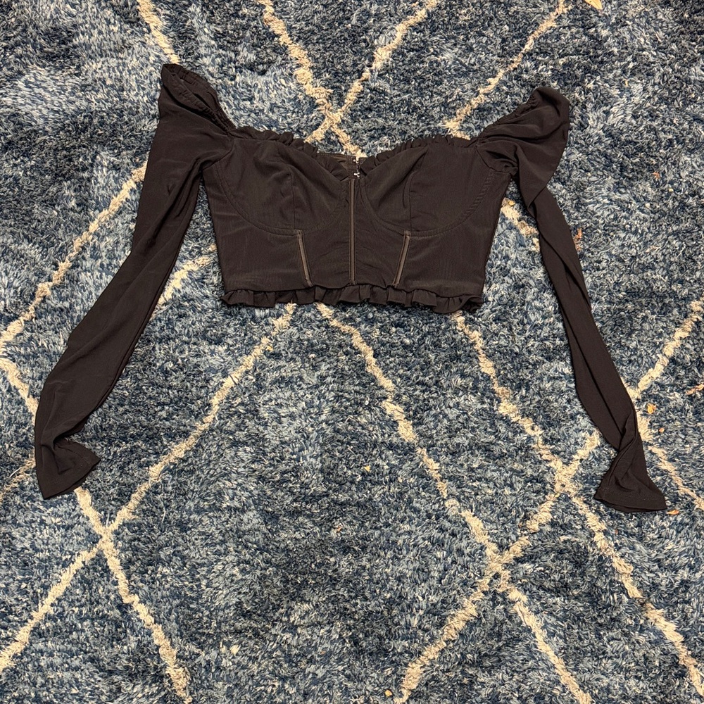 Elegant Black Off-Shoulder corset Women's long sleeve mesh Top